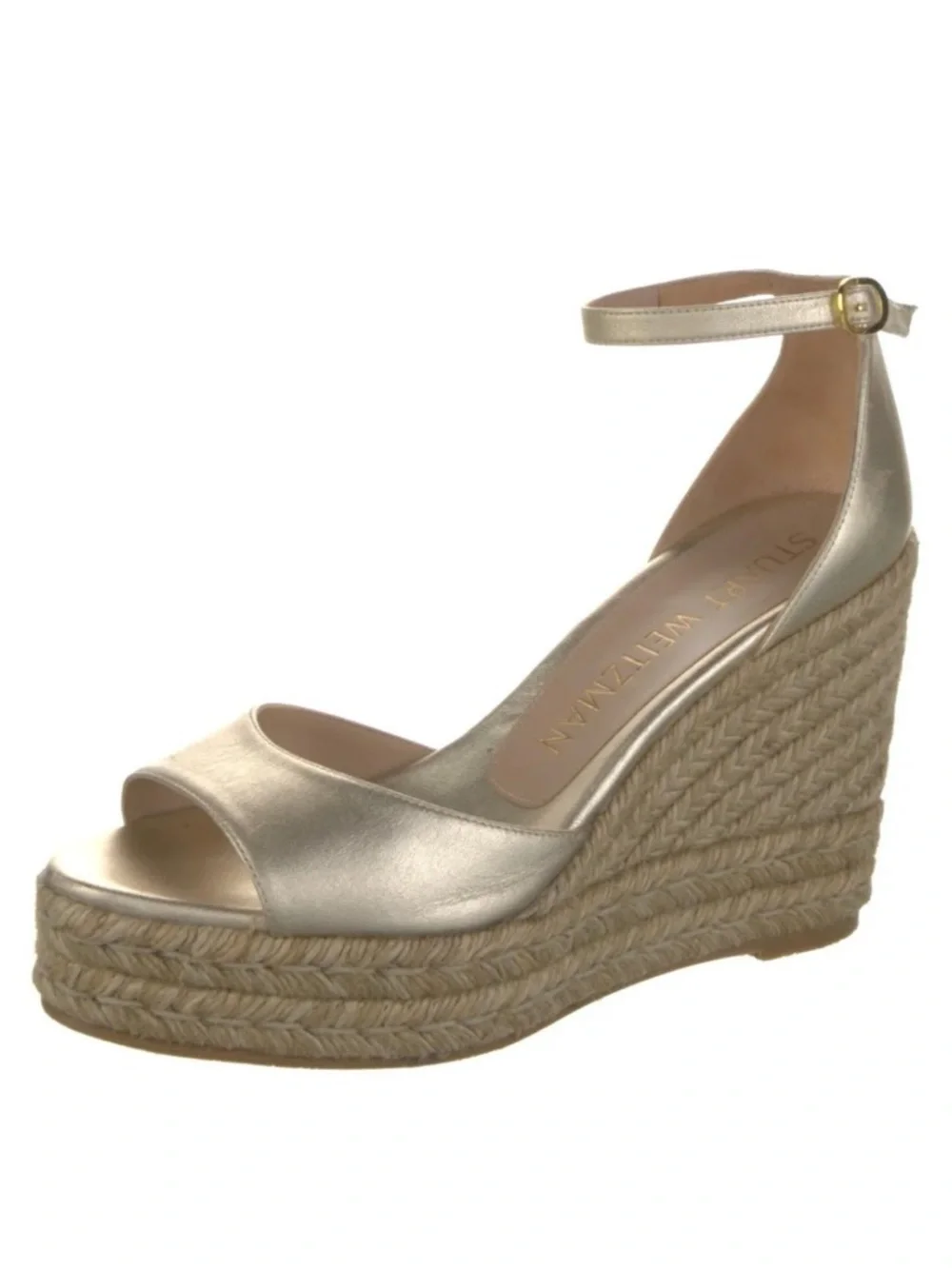 Stuart Weitzman Nudistcurve Metallic Gold Espadrille Wedge Sandals w/Ankle Strap - Picture 3 of 16